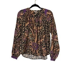 Warm Floral Cotton Boho Blouse Size 1 S Black Purple Batik Print